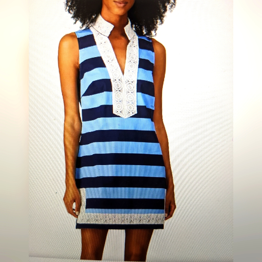 Sail to Sable blue and navy striped dress with white lace - Small - NWOT